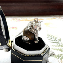 Cargar imagen en el visor de la galería, Vintage Sterling Silver Nuvo "Touch Wood" Lucky Cat Pendant Necklace. 1960s "Touch Wud" English Good Luck Figural Charm On Silver Curb Chain