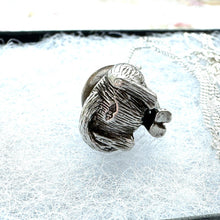 Cargar imagen en el visor de la galería, Vintage Sterling Silver Nuvo "Touch Wood" Lucky Cat Pendant Necklace. 1960s "Touch Wud" English Good Luck Figural Charm On Silver Curb Chain