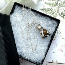 Cargar imagen en el visor de la galería, Vintage Sterling Silver Nuvo "Touch Wood" Lucky Cat Pendant Necklace. 1960s "Touch Wud" English Good Luck Figural Charm On Silver Curb Chain
