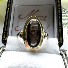 Cargar imagen en el visor de la galería, Vintage 9ct Gold Smoky Quartz Marquise Ring. 1960s Gold Cairngorm Ring. Neoclassical Step Bezel Set Oval Brown Gemstone Ring, Size N/6-3/4