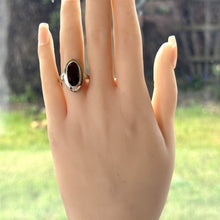 Cargar imagen en el visor de la galería, Vintage 9ct Gold Smoky Quartz Marquise Ring. 1960s Gold Cairngorm Ring. Neoclassical Step Bezel Set Oval Brown Gemstone Ring, Size N/6-3/4