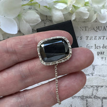 Load image into Gallery viewer, Antique Victorian Sterling Silver English Hematite Cravat Pin. Black Rectangular Faceted Gemstone Stock/Lapel Pin. Petite Antique Brooch
