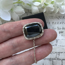 Cargar imagen en el visor de la galería, Antique Victorian Sterling Silver English Hematite Cravat Pin. Black Rectangular Faceted Gemstone Stock/Lapel Pin. Petite Antique Brooch