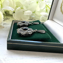 画像をギャラリービューアに読み込む, Vintage Whitby Jet Gemstone Sterling Silver Flower Earrings. Art Deco Style Silver Maracsite & English Jet Daisy Drop Stud Earrings.