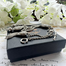 画像をギャラリービューアに読み込む, Victorian Sterling Silver Albertina Watch Chain. Antique Etruscan Revival Fancy Chain Bracelet With Love Heart Charm, T-Bar & Dog-Clip