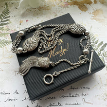 画像をギャラリービューアに読み込む, Victorian Sterling Silver Albertina Watch Chain. Antique Etruscan Revival Fancy Chain Bracelet With Love Heart Charm, T-Bar & Dog-Clip
