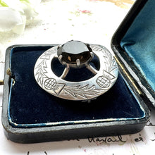 Cargar imagen en el visor de la galería, Vintage Scottish Silver & Smoky Quartz Engraved Thistle Shield Brooch. Glasgow Silver Cairngorm Gemstone Round Brooch, Robert Allison 1957