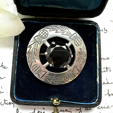 Vintage Scottish Silver & Smoky Quartz Engraved Thistle Shield Brooch. Glasgow Silver Cairngorm Gemstone Round Brooch, Robert Allison 1957