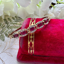 Cargar imagen en el visor de la galería, Vintage 9ct Gold Ruby & Diamond Bangle Bracelet. Solid Curb Chain Style Heavy Quality Gold Bangle. Gemstone Set Yellow Gold Hinged Bangle