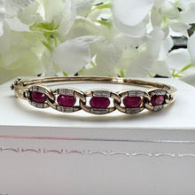 Cargar imagen en el visor de la galería, Vintage 9ct Gold Ruby & Diamond Bangle Bracelet. Solid Curb Chain Style Heavy Quality Gold Bangle. Gemstone Set Yellow Gold Hinged Bangle