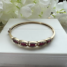 Cargar imagen en el visor de la galería, Vintage 9ct Gold Ruby & Diamond Bangle Bracelet. Solid Curb Chain Style Heavy Quality Gold Bangle. Gemstone Set Yellow Gold Hinged Bangle