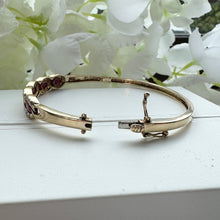 Cargar imagen en el visor de la galería, Vintage 9ct Gold Ruby & Diamond Bangle Bracelet. Solid Curb Chain Style Heavy Quality Gold Bangle. Gemstone Set Yellow Gold Hinged Bangle