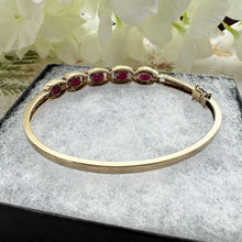 Cargar imagen en el visor de la galería, Vintage 9ct Gold Ruby & Diamond Bangle Bracelet. Solid Curb Chain Style Heavy Quality Gold Bangle. Gemstone Set Yellow Gold Hinged Bangle