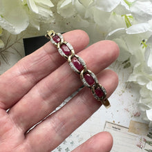 Cargar imagen en el visor de la galería, Vintage 9ct Gold Ruby & Diamond Bangle Bracelet. Solid Curb Chain Style Heavy Quality Gold Bangle. Gemstone Set Yellow Gold Hinged Bangle