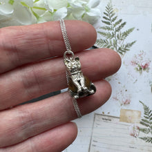 Cargar imagen en el visor de la galería, Vintage Sterling Silver Nuvo "Touch Wood" Lucky Cat Pendant Necklace. 1960s "Touch Wud" English Good Luck Figural Charm On Silver Curb Chain