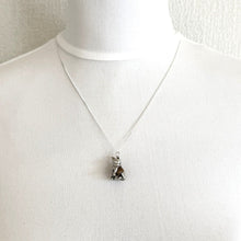 Cargar imagen en el visor de la galería, Vintage Sterling Silver Nuvo "Touch Wood" Lucky Cat Pendant Necklace. 1960s "Touch Wud" English Good Luck Figural Charm On Silver Curb Chain