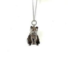 Cargar imagen en el visor de la galería, Vintage Sterling Silver Nuvo "Touch Wood" Lucky Cat Pendant Necklace. 1960s "Touch Wud" English Good Luck Figural Charm On Silver Curb Chain