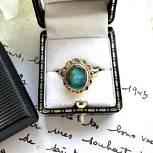 Cargar imagen en el visor de la galería, Vintage 9ct Gold 1.40ct Black Opal Solitaire Ring. Australian Opal Cabochon Ring. Yellow Gold Daisy Flower Ring, Size UK L-1/2/US 6