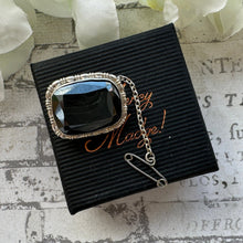 Cargar imagen en el visor de la galería, Antique Victorian Sterling Silver English Hematite Cravat Pin. Black Rectangular Faceted Gemstone Stock/Lapel Pin. Petite Antique Brooch