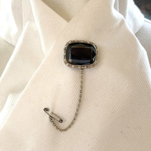 Cargar imagen en el visor de la galería, Antique Victorian Sterling Silver English Hematite Cravat Pin. Black Rectangular Faceted Gemstone Stock/Lapel Pin. Petite Antique Brooch