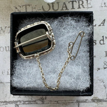 Load image into Gallery viewer, Antique Victorian Sterling Silver English Hematite Cravat Pin. Black Rectangular Faceted Gemstone Stock/Lapel Pin. Petite Antique Brooch
