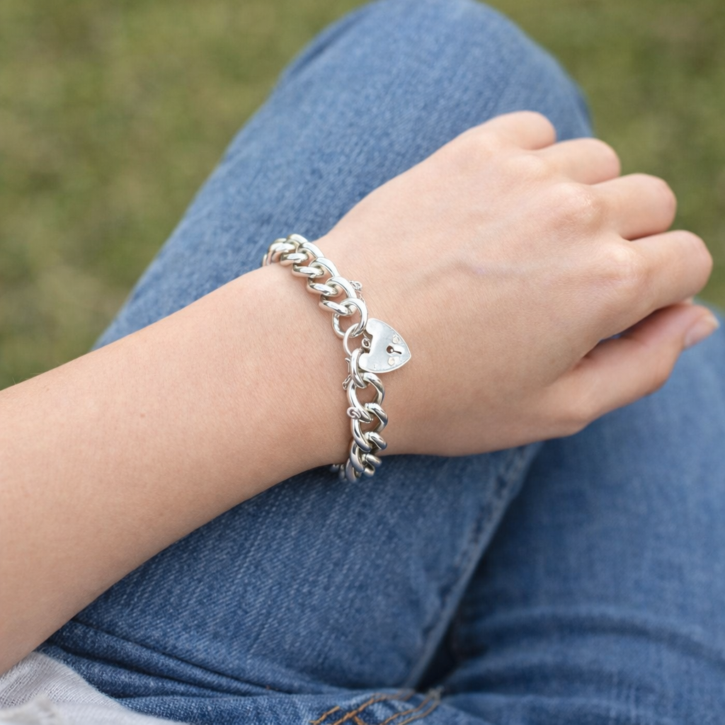 Vintage Chunky Sterling Silver Chain Bracelet & Love Heart Padlock Clasp, Dated 1977