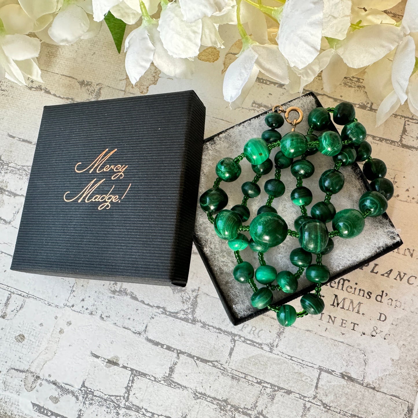 Antique Malachite Graduated Bead Necklace With Rolled Gold Clasp