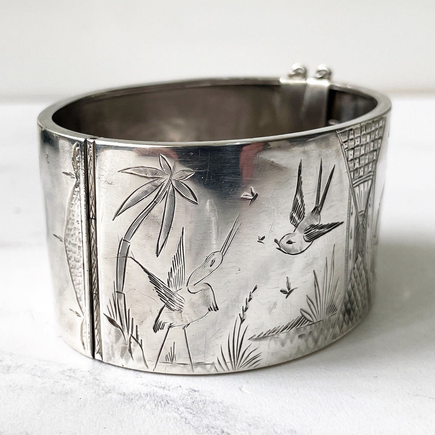 Victorian Aesthetic Engraved Silver Wide Cuff Bracelet, 1882 Hallmarks
