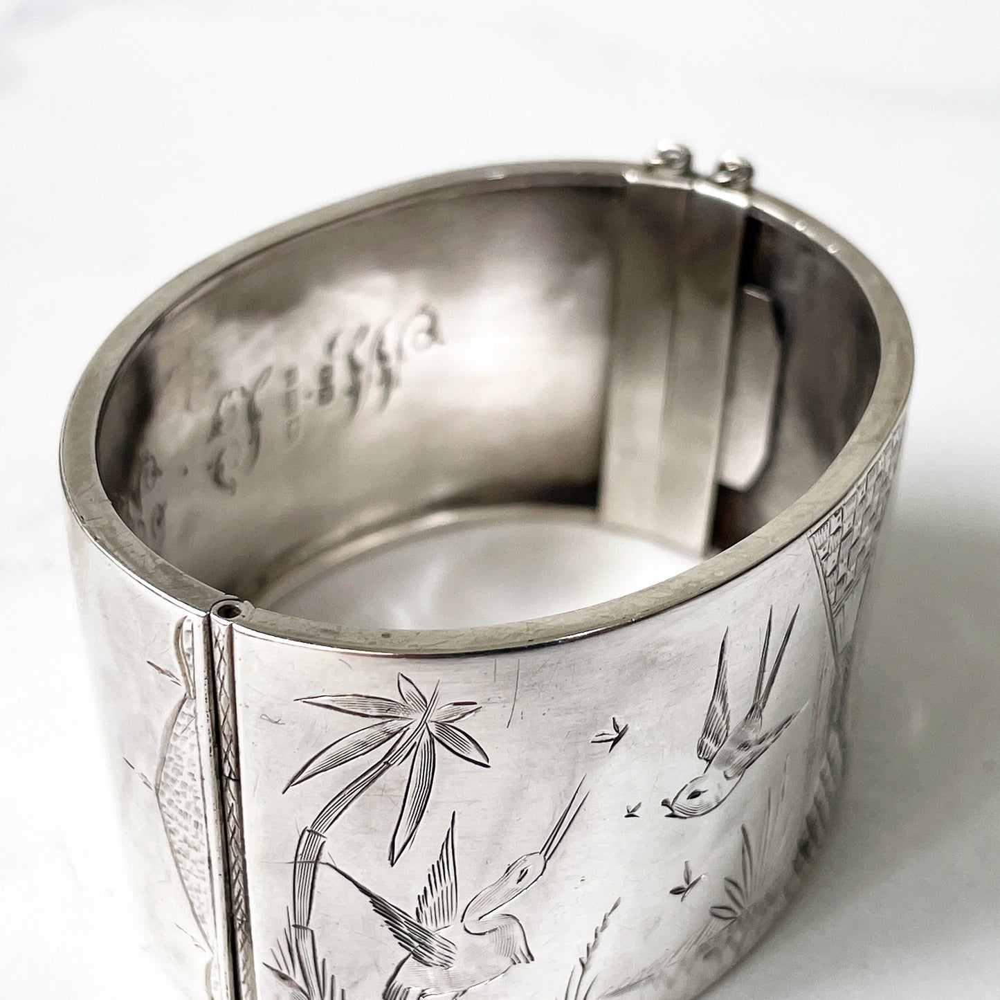 Victorian Aesthetic Engraved Silver Wide Cuff Bracelet, 1882 Hallmarks