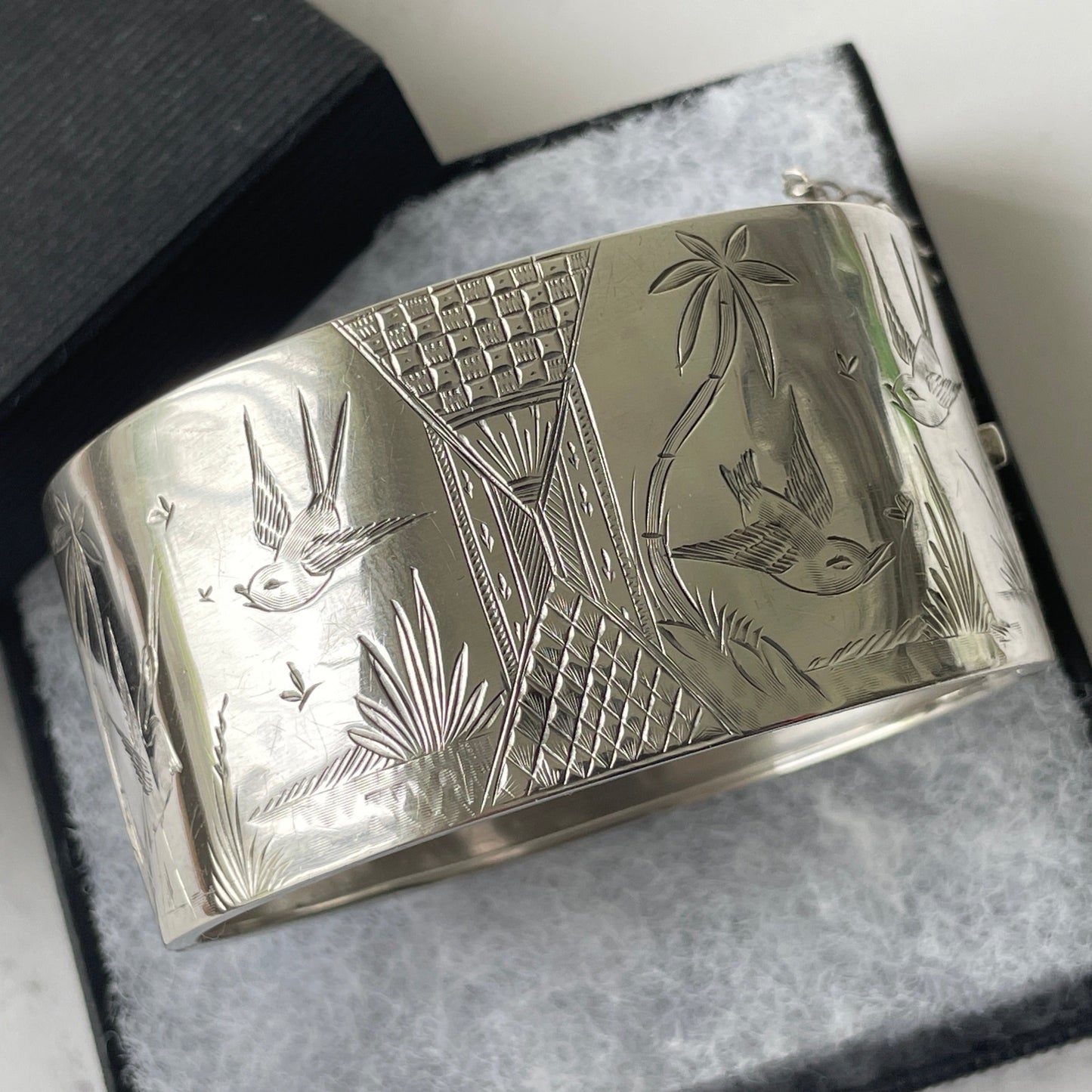 Victorian Aesthetic Engraved Silver Wide Cuff Bracelet, 1882 Hallmarks