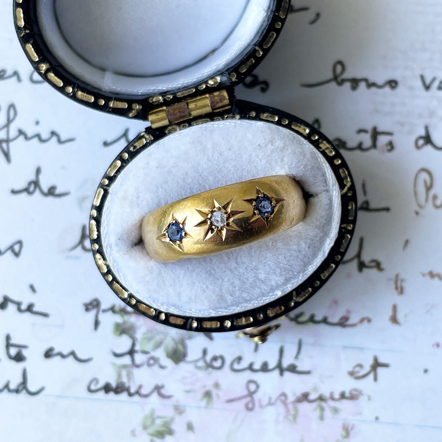 Antique 18ct Gold Diamond & Sapphire Gypsy Ring, Chester 1905