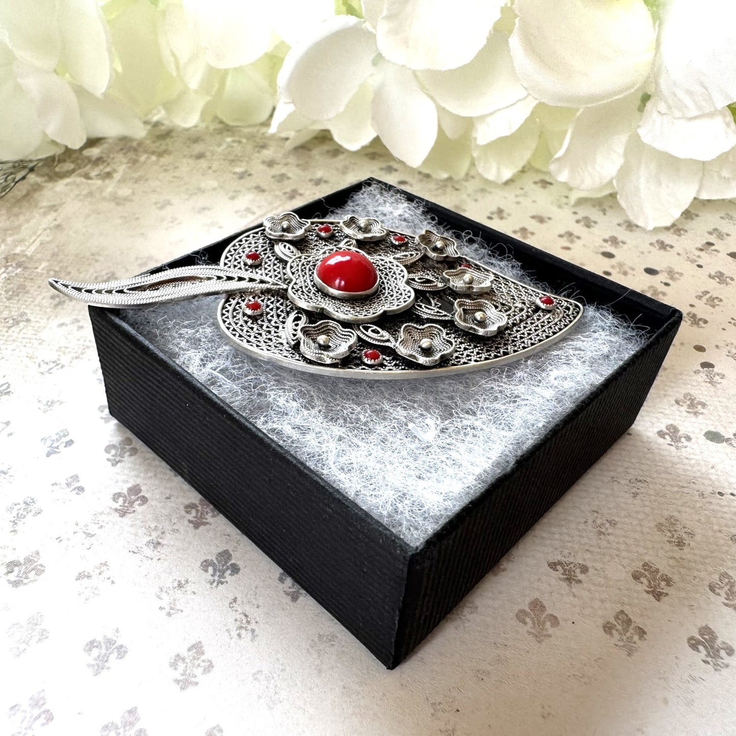 Art Deco Silver Filigree & Red Coral Apple Heart Brooch
