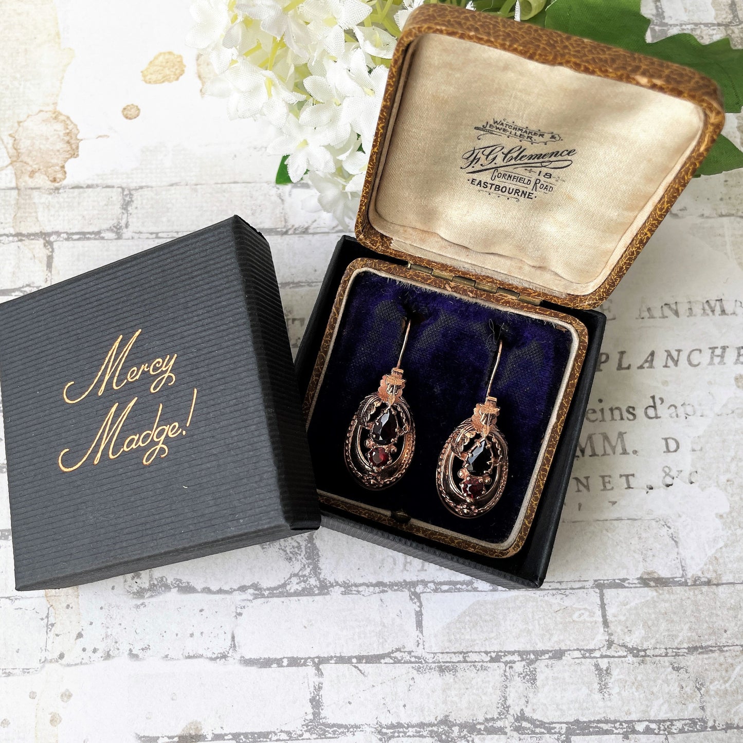 Victorian 9ct Rose Gold Etruscan Revival Garnet Drop Earrings, Boxed