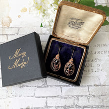 画像をギャラリービューアに読み込む, Victorian 9ct Rose Gold Etruscan Revival Garnet Drop Earrings, Boxed
