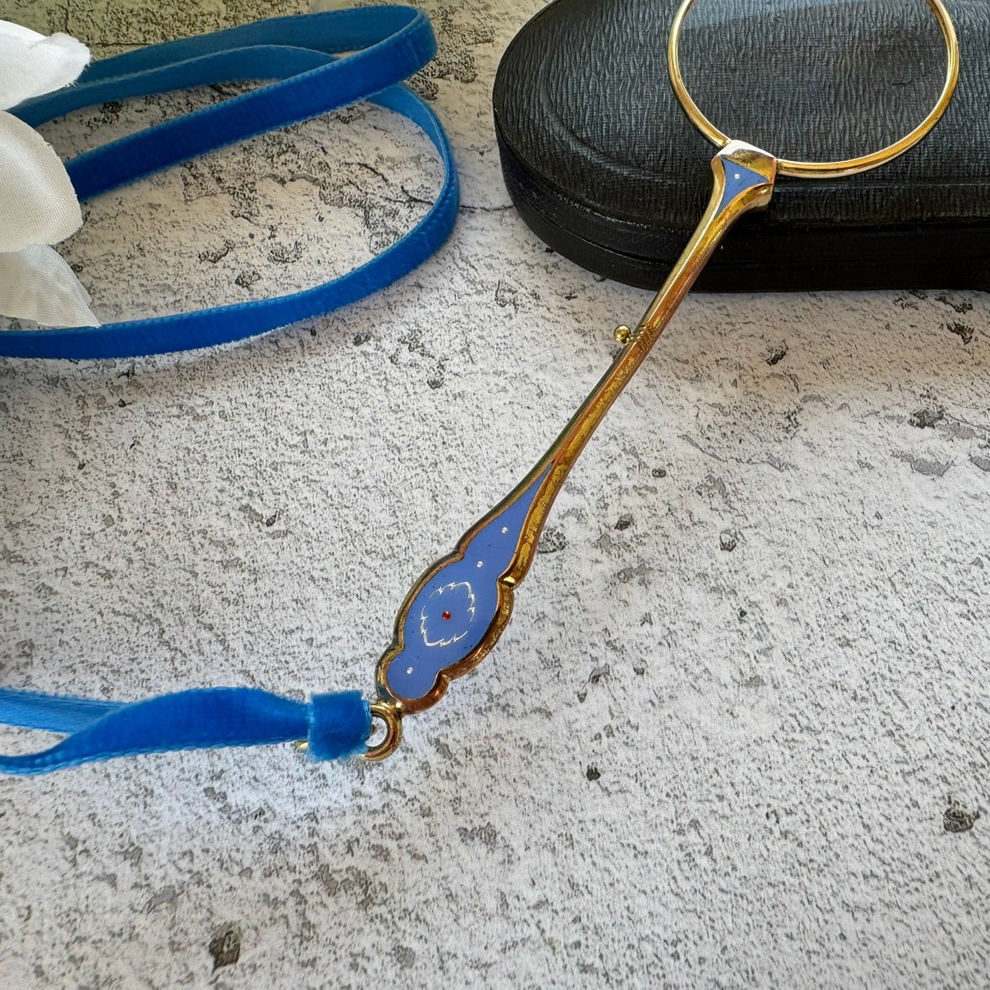 Antique 14ct Gold Filled French Blue Enamel Folding Lorgnette, Cased