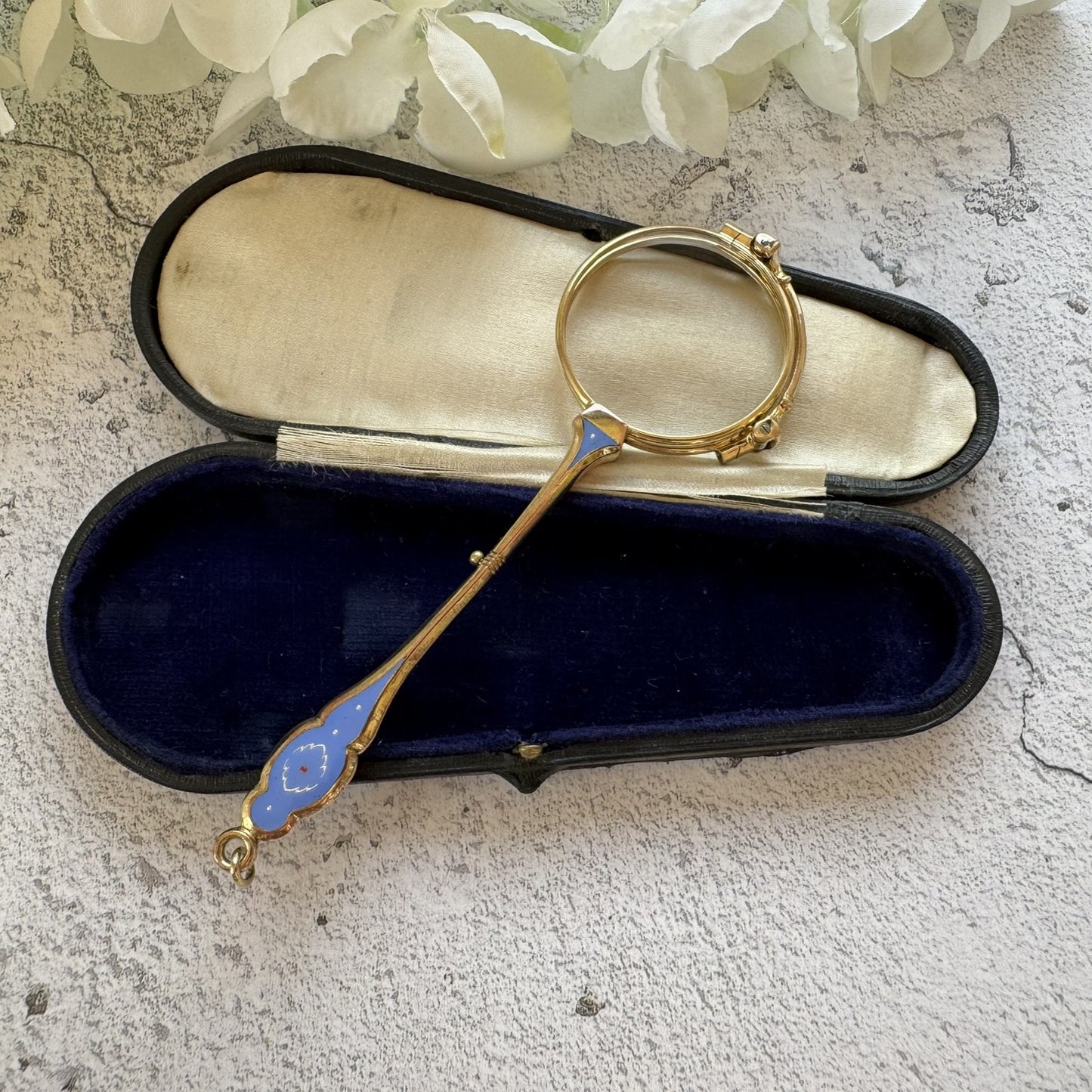 Antique 14ct Gold Filled French Blue Enamel Folding Lorgnette, Cased