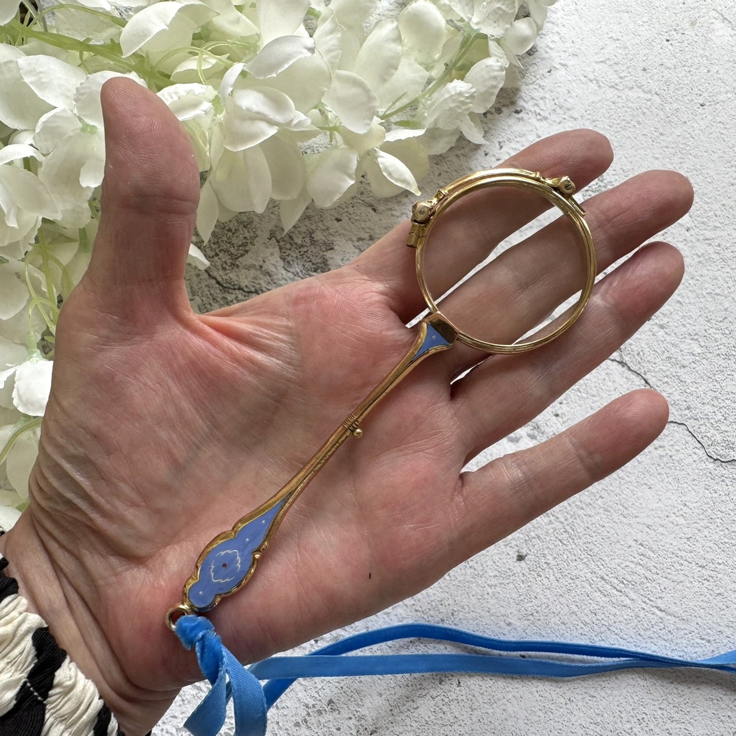Antique 14ct Gold Filled French Blue Enamel Folding Lorgnette, Cased