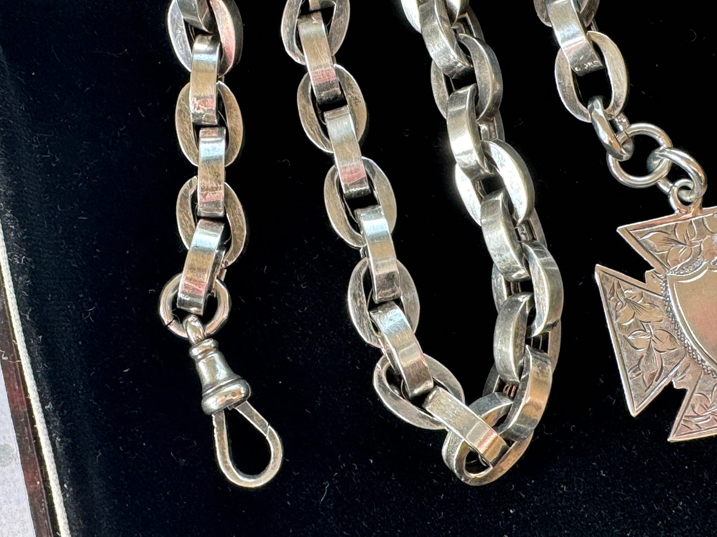 Victorian Navy Link Silver Watch Chain & Maltese Cross Fob, 1883