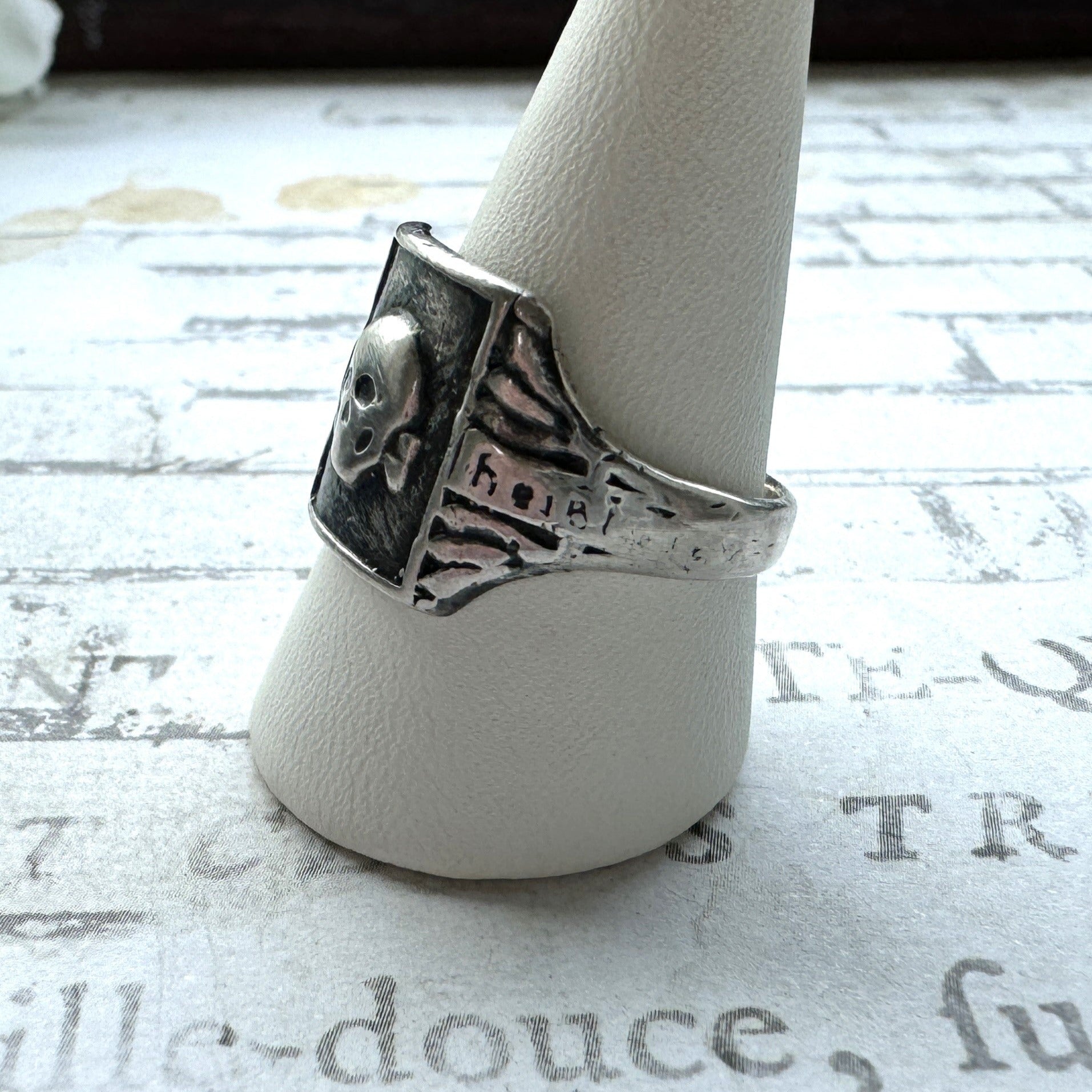 Vintage Nazi SS Totenkopf Silver Skull Ring, 1940s DRGM