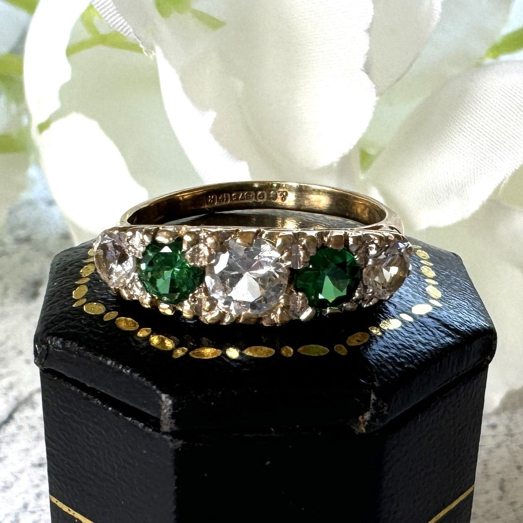 Vintage Edwardian Revival 9ct Gold Emerald & White Zircon Boat Ring