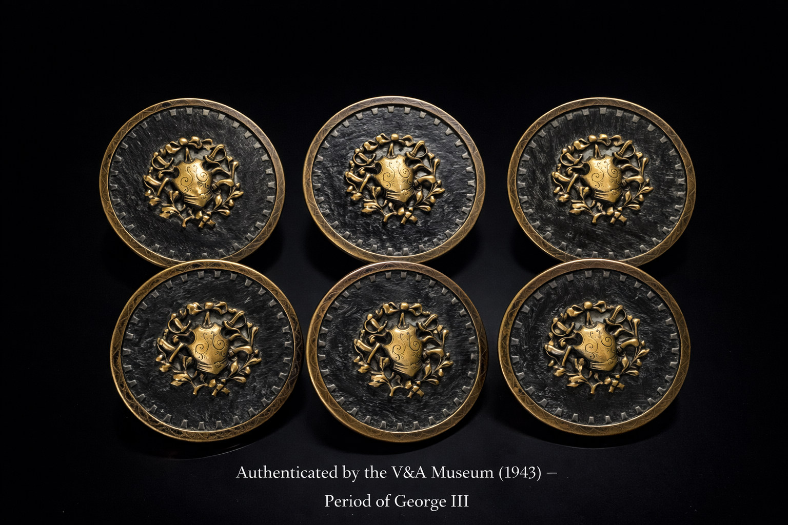 Six decorative metal buttons with a central emblem, authenticated by V&A Museum, on a black background.