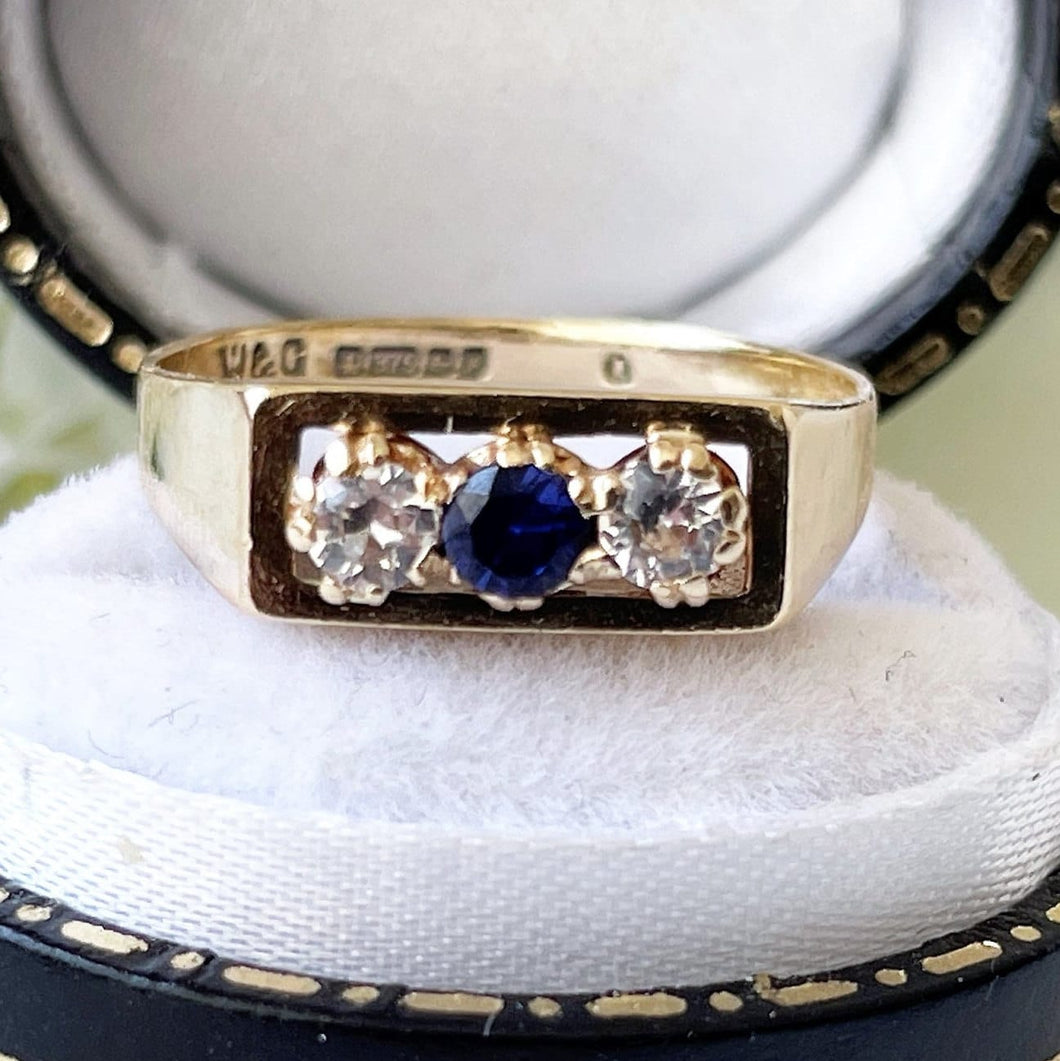 Vintage 9ct Gold Diamond & Sapphire Modernist Trilogy Ring