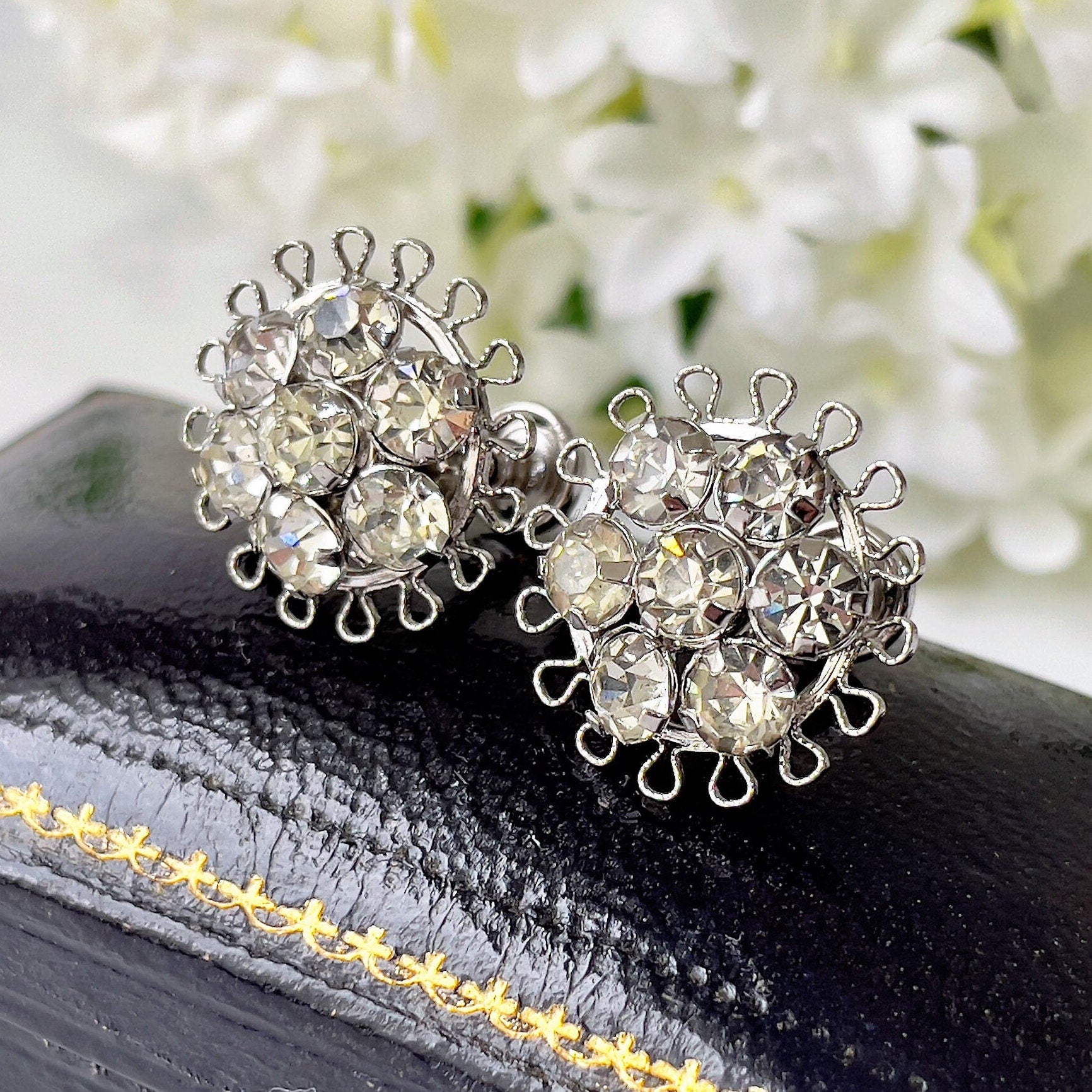 1940s Art Deco Sterling Silver Crystal Pendant Necklace Earrings Set: Star-Art, New York