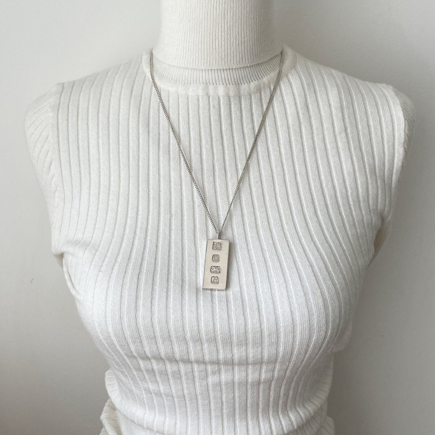 Vintage Heavy Sterling Silver Ingot Pendant Necklace: British Hallmark 1976