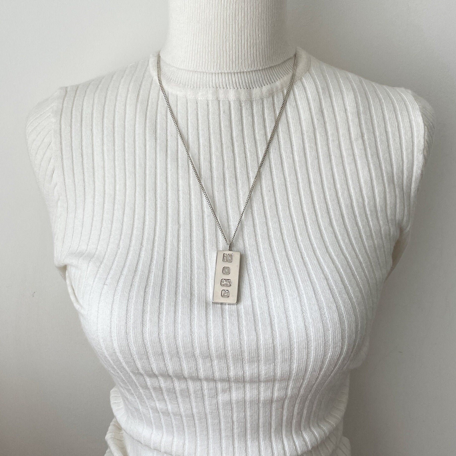 Vintage Heavy Sterling Silver Ingot Pendant Necklace: British Hallmark 1976