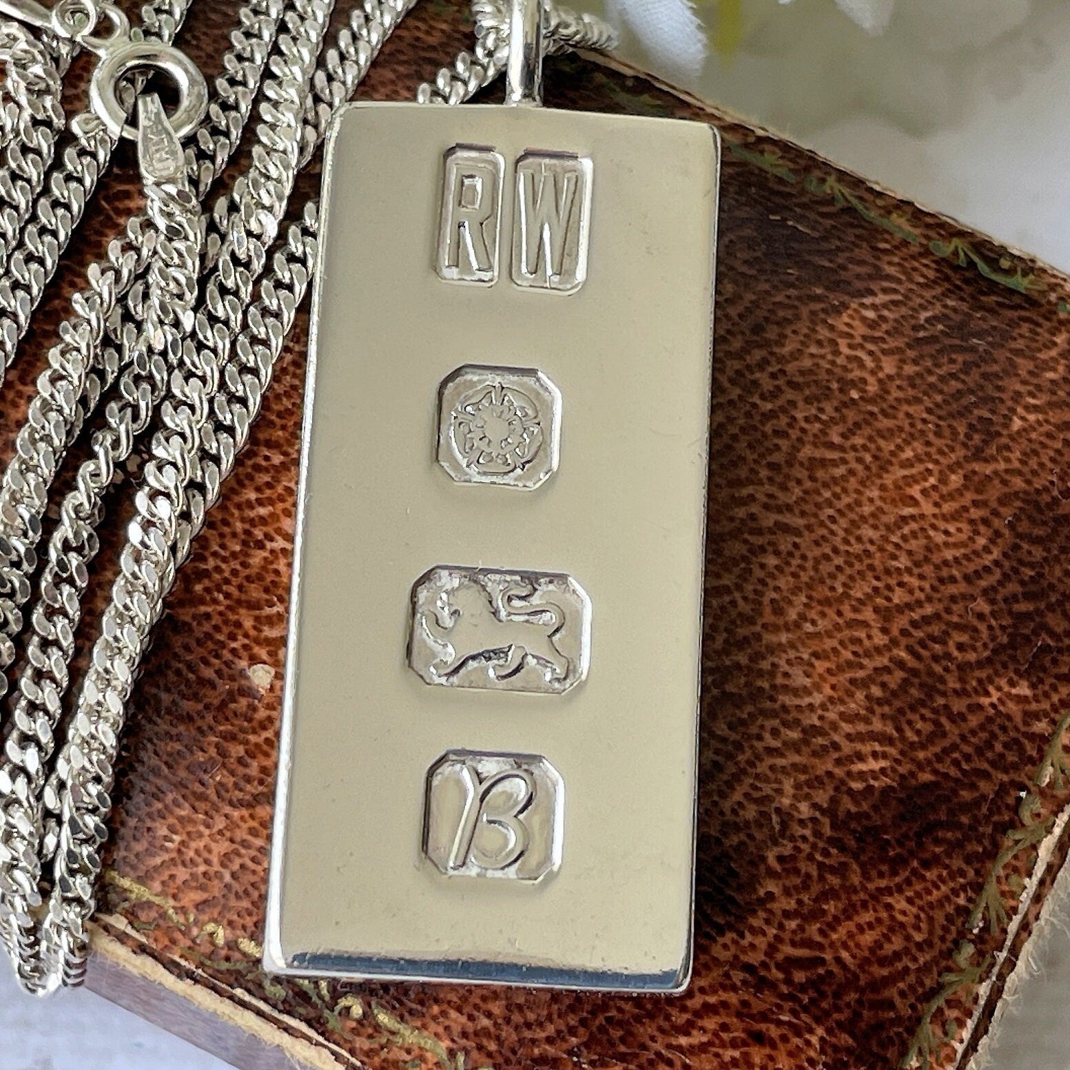 Vintage Heavy Sterling Silver Ingot Pendant Necklace: British