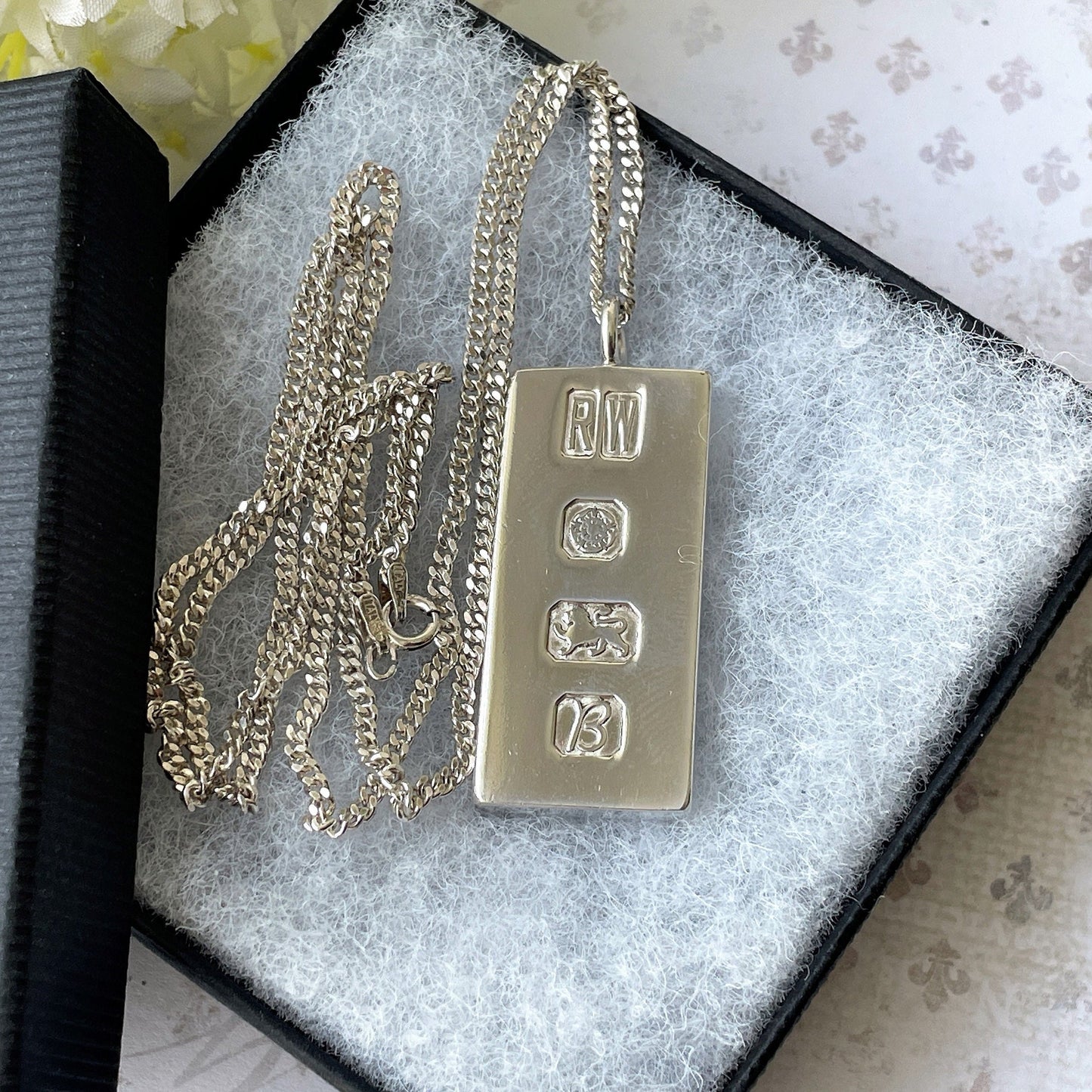 Vintage Heavy Sterling Silver Ingot Pendant Necklace: British Hallmark 1976