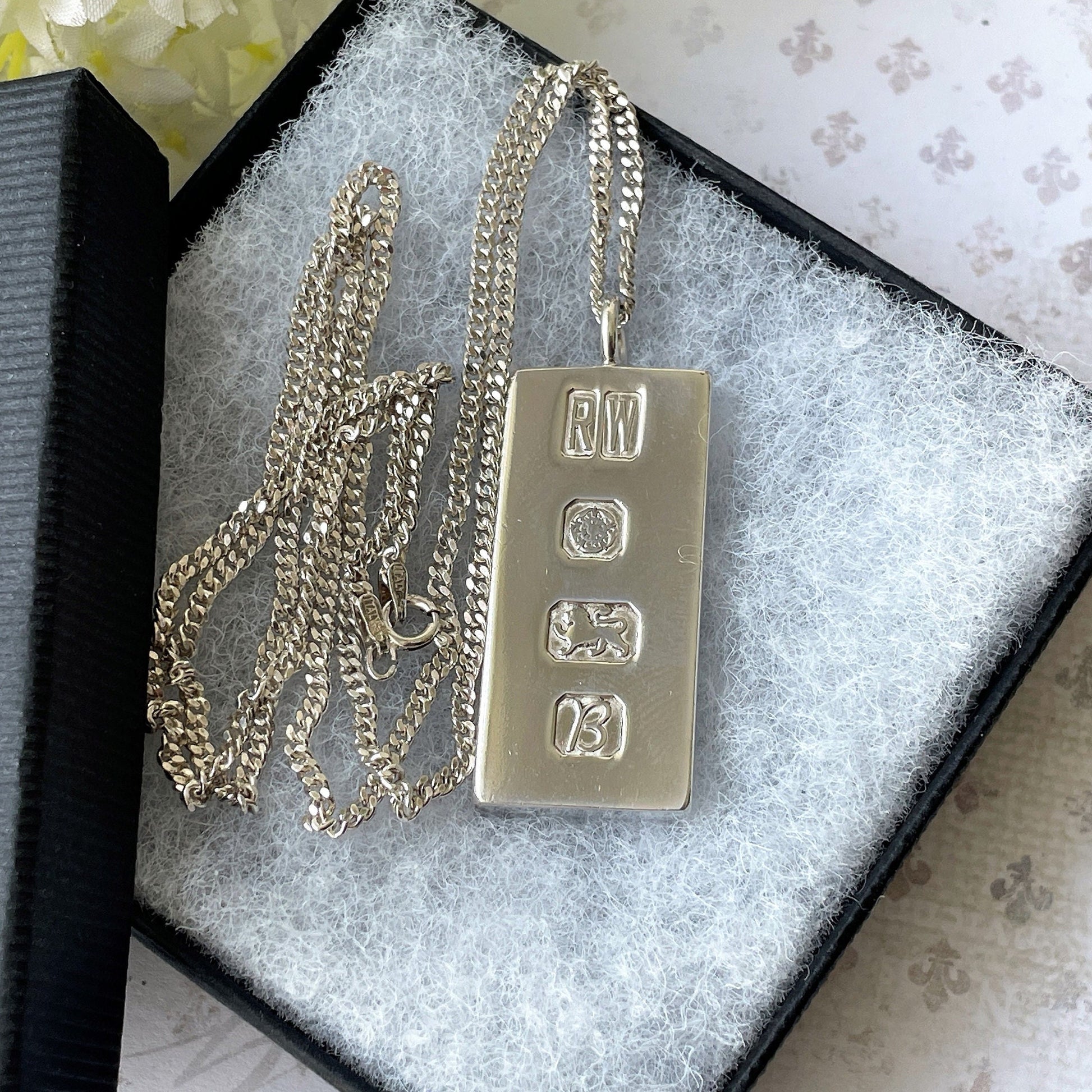 Vintage Heavy Sterling Silver Ingot Pendant Necklace: British Hallmark 1976