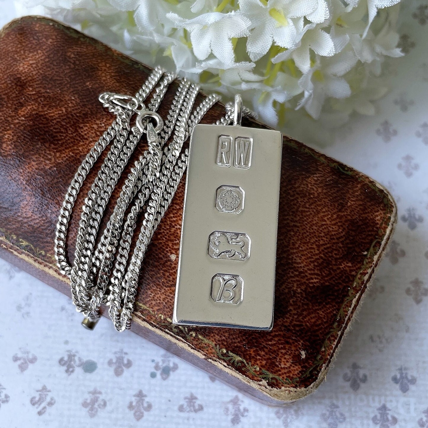 Vintage Heavy Sterling Silver Ingot Pendant Necklace: British Hallmark 1976