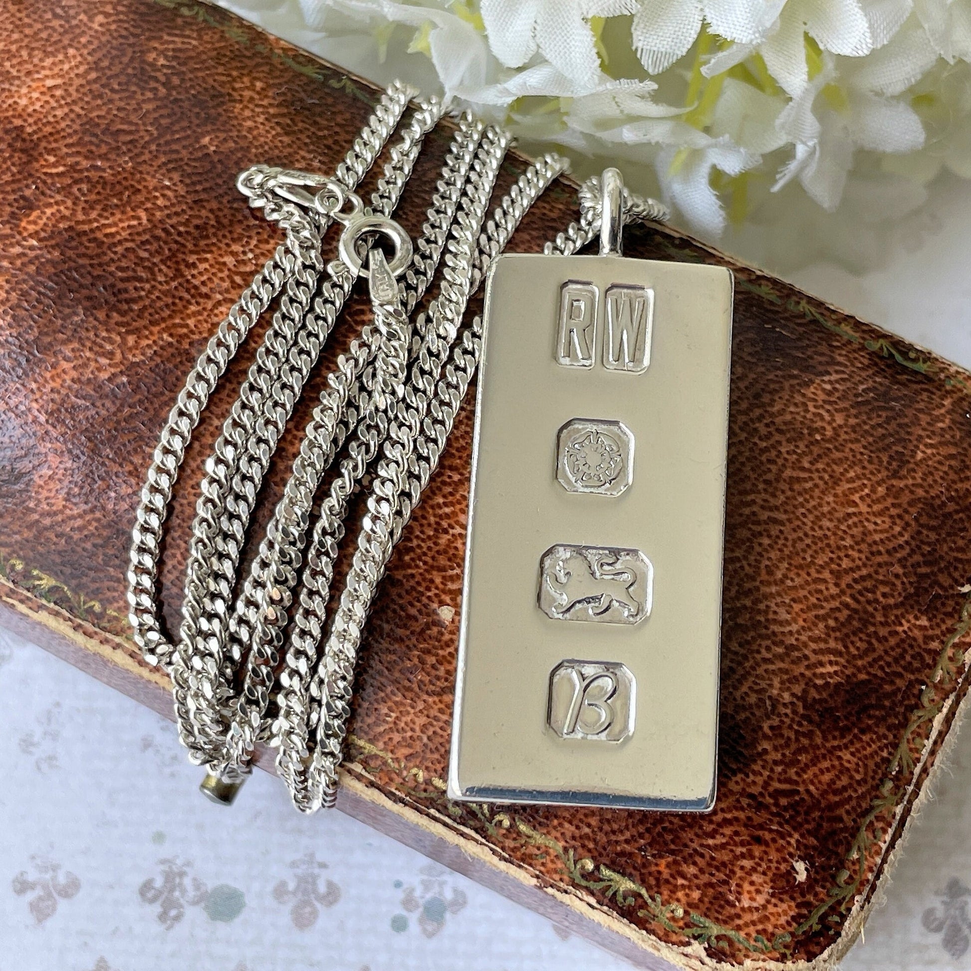 Vintage Heavy Sterling Silver Ingot Pendant Necklace: British Hallmark 1976